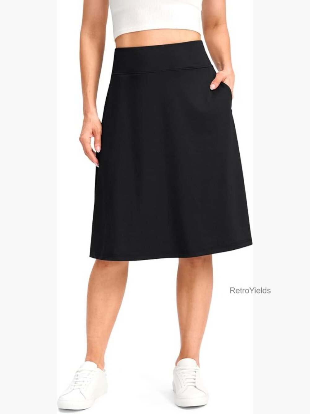 Stretchy Midi Skort with Built-in Shorts and Pockets for Women